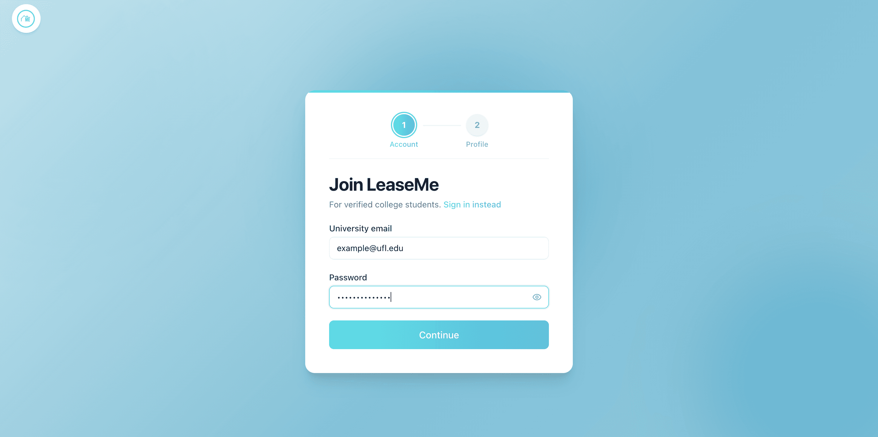 Sign up page