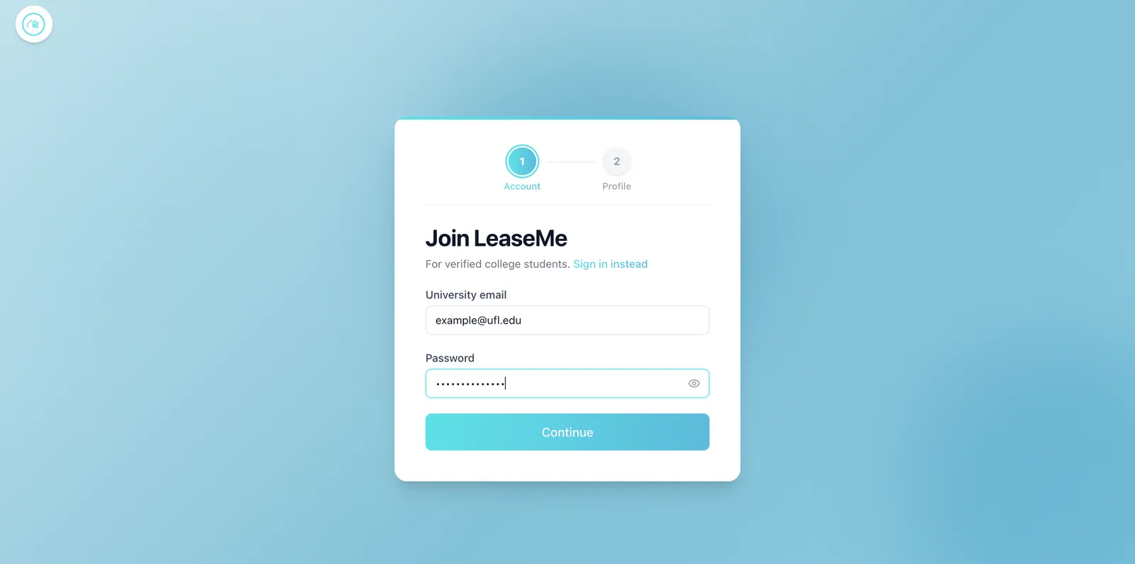 Sign up page