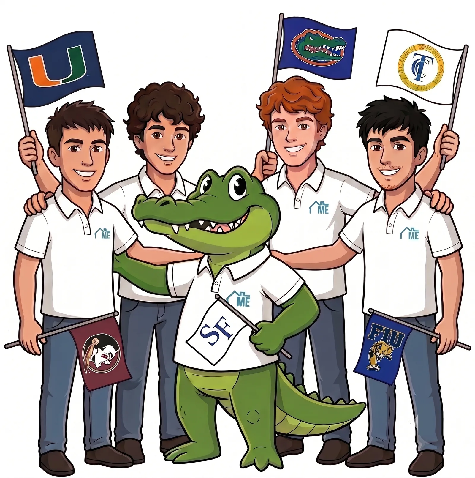 The LeaseMe team holding their school flags with the mascot gator